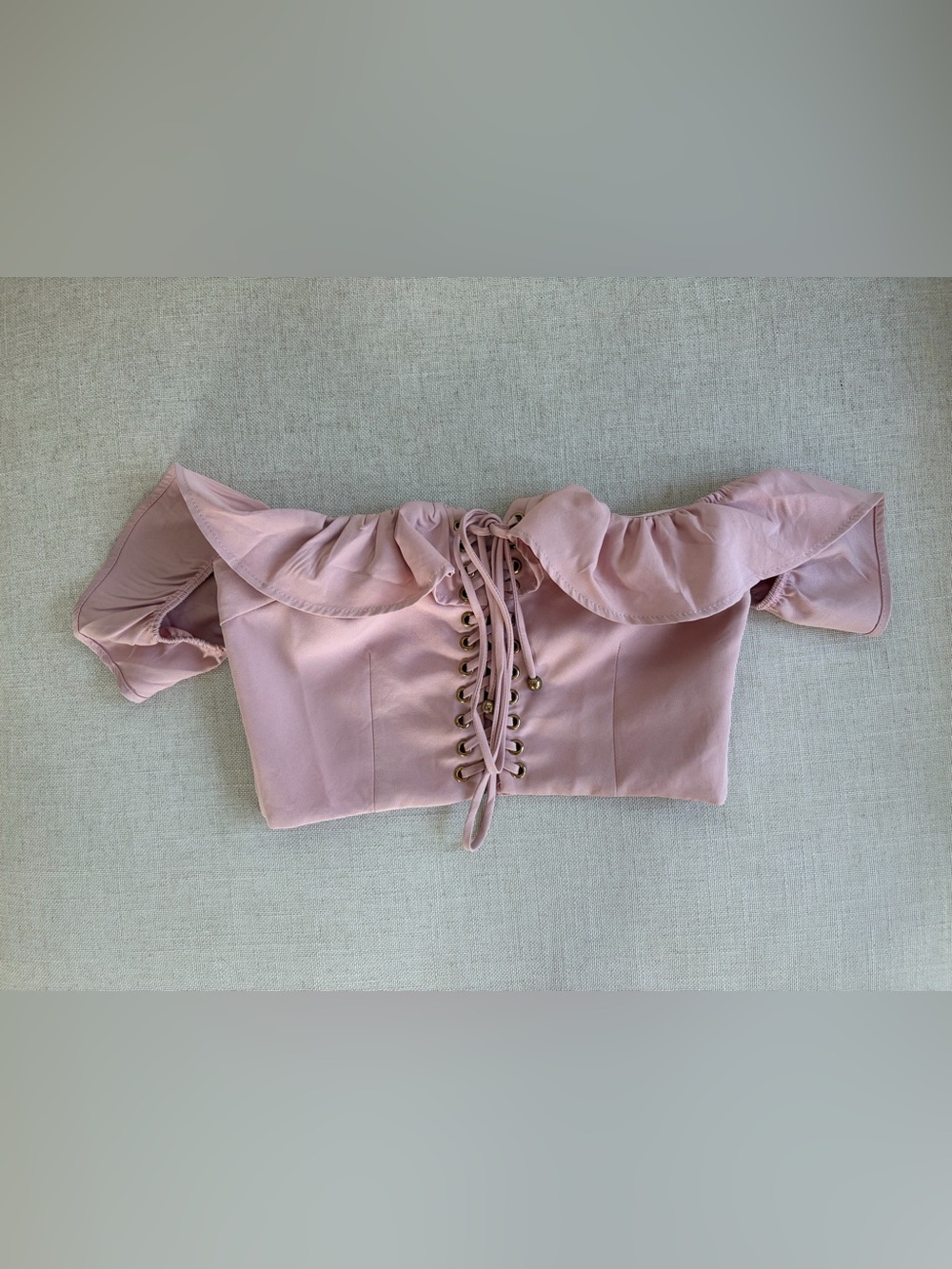 Off-Shoulder Lace-Up Crop Top in Blush Pink